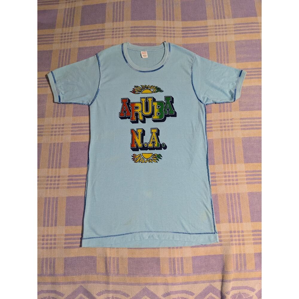 Vintage Aruba Travel T Shirt Mens Size Large 70s Contrast Stitch Made USA N.A.